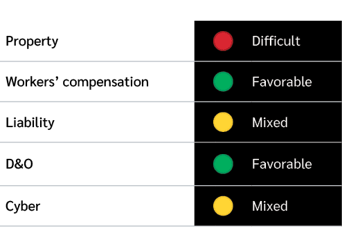 Property,,￼,Difficult,Workers’ compensation,,￼,Favorable,Liability,,￼,Mixed,D&O,,￼,Favorable,Cyber,,￼,Mixed