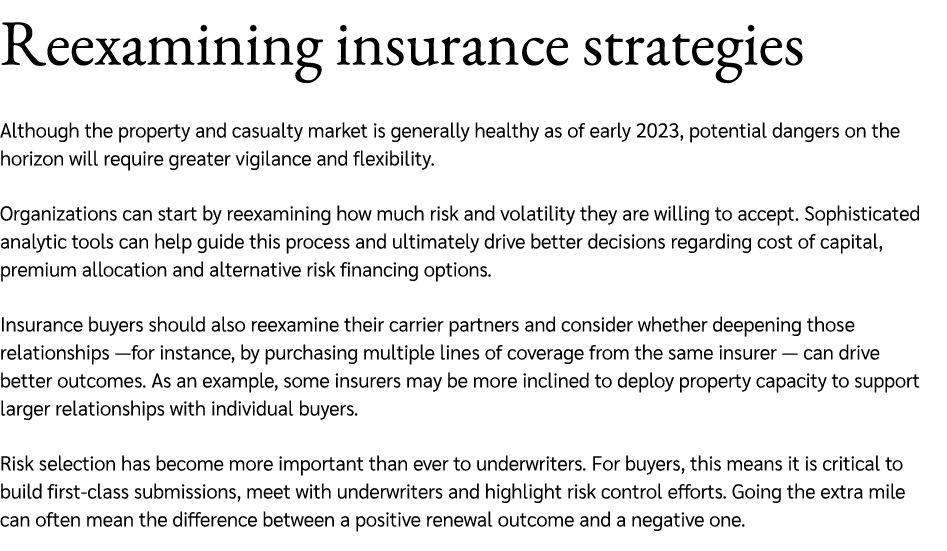 Reexamining insurance strategies Although the property and casualty market is generally healthy as of early 2023, pot...